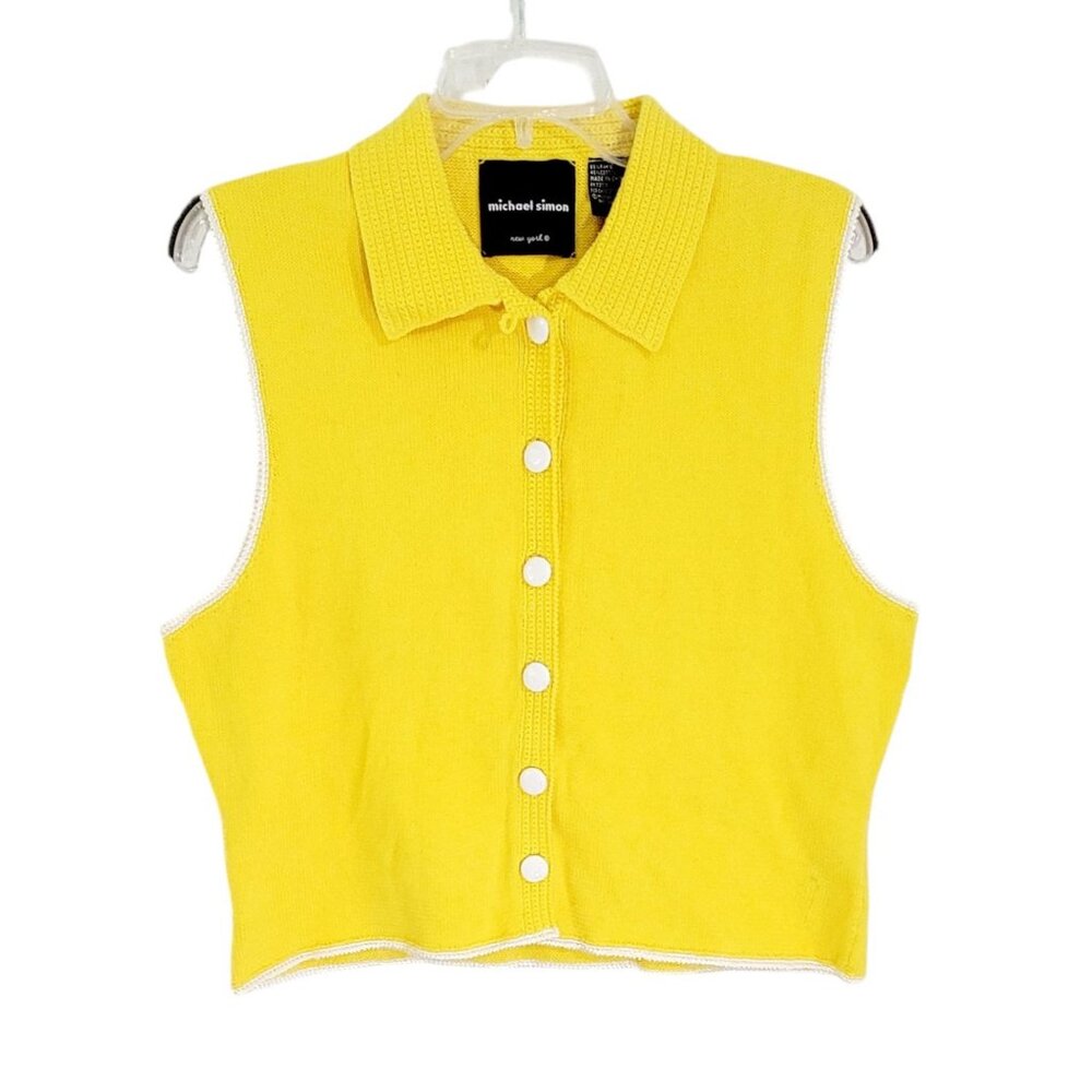 Michael Simon Womens Yellow Button Front Sweater Knit Vest Collared Size L